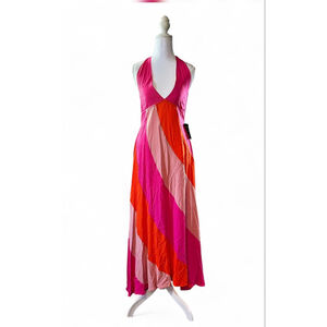 💕🧡NWT AEMI + CO Pink Orange Coral Halter Maxi Dress Colorblock Size S